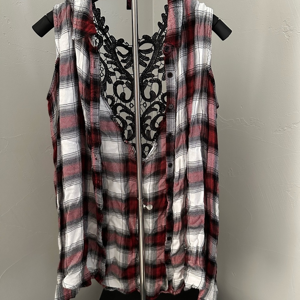 Plaid Open Shoulder Long Sleeve Button Down Top with Lace Detail